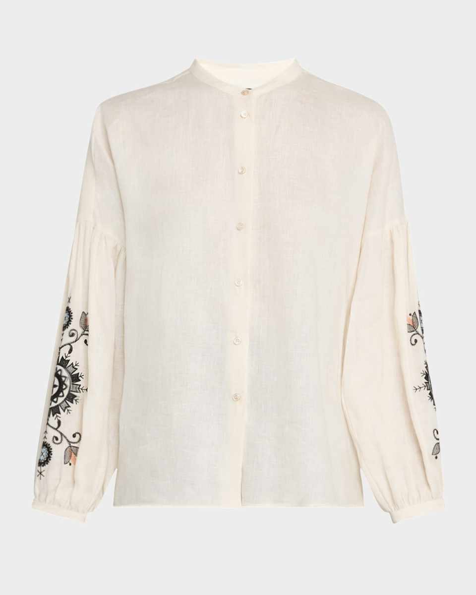 Ilex Floral-Embroidered Linen Blouse
